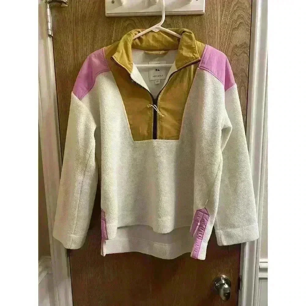 Free Assembly Women's Half Zip Mixy Popover Colorblock Fleece Sweatshirt M Cream